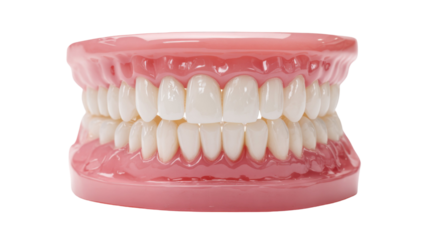 Plastic dental jaw model with teeth isolated on white background, healthcare teaching tool for dentistry, orthodontics, medical study concept