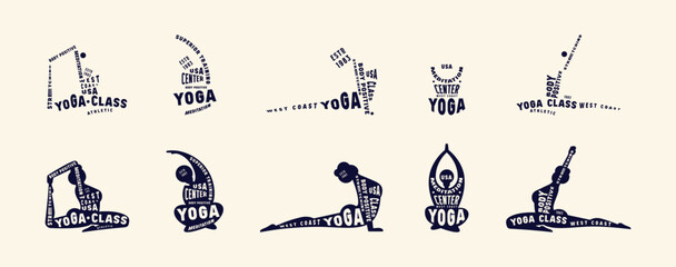 Labels set of body positive yoga class. Graphic design with typographic silhouettes of girls in asanas. Black print on white background