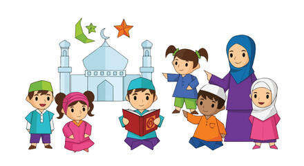 Happy Muslim Children Learning and Celebrating Islam with Mosque and Moon Symbols in Cartoon Style