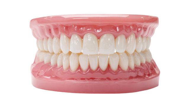 Plastic dental jaw model with teeth isolated on white background, healthcare teaching tool for dentistry, orthodontics, medical study concept