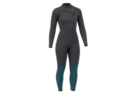 Black wetsuit with teal accents isolated on a transparent background, zipped