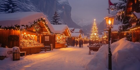 a romantically illuminated Christmas market in the evening with many stalls in deep snow