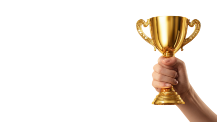 Golden trophy cup held in human hand isolated on white background, award symbol of success, victory, achievement, celebration competition prize