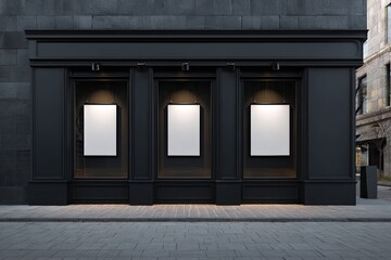 A dark store exterior with three illuminated display windows for art or products