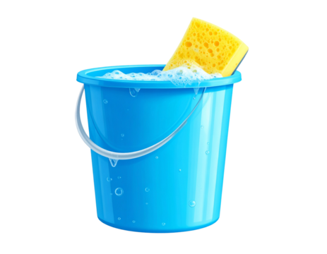  Blue Cleaning Bucket Filled with Soapy Water and Yellow Sponge, isolated on a transparent background