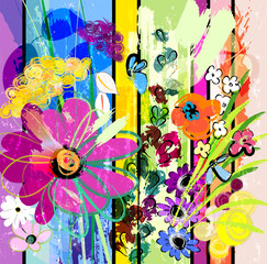 abstract background composition with flowers, with paint strokes, splashes and geometric lines