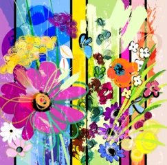 Fotobehang Abstract met Penseelstreken abstract background composition with flowers, with paint strokes, splashes and geometric lines  © Kirsten Hinte