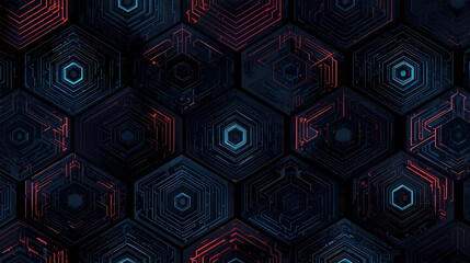 Abstract digital background with glowing blue and red circuit patterns on dark hexagons.
