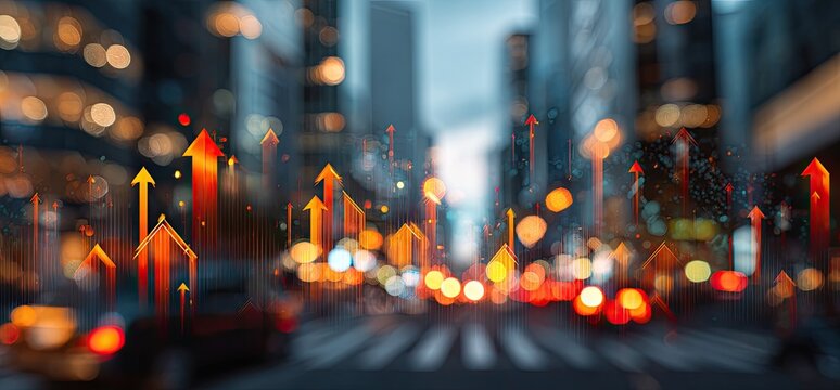 Blurry city street at night with blurred cars and buildings, featuring rising arrows and bokeh lights