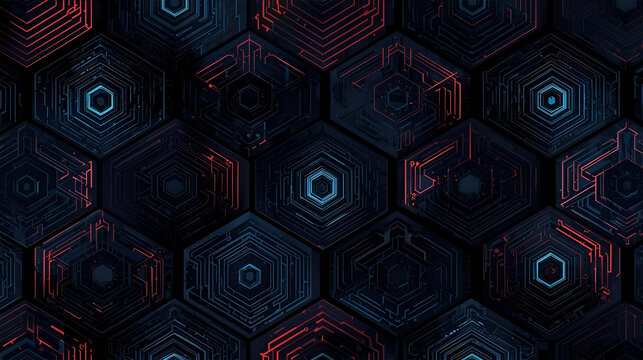 Abstract digital background with glowing blue and red circuit patterns on dark hexagons. - Powered by Adobe