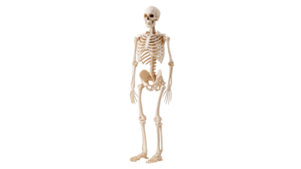 Full human skeleton model isolated on white background, anatomical medical teaching educational resource for biology, healthcare, science, bones, anatomy study
