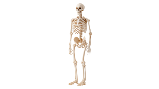 Full human skeleton model isolated on white background, anatomical medical teaching educational resource for biology, healthcare, science, bones, anatomy study
