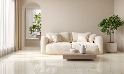 Naklejka premium Elegant beige living space with a sofa, wooden table, potted plants, and light-filled ambiance