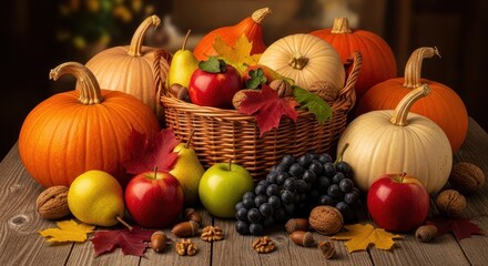 Basket with pumpkins, apples, pears, grapes and nuts on table. Harvest, Thanksgiving
