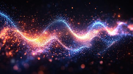 Obraz premium Abstract wave of blue and orange glowing particles on a dark background