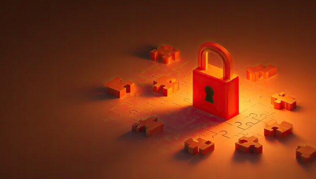 Illuminated padlock surrounded by puzzle pieces, representing security and protection concepts