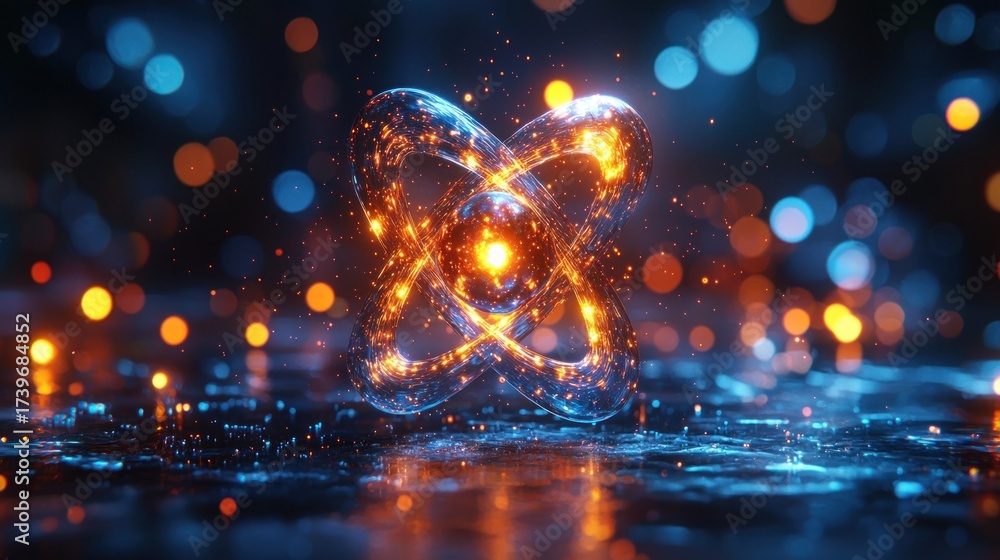 Wall mural abstract atom core with glowing particles, warm/cool color scheme