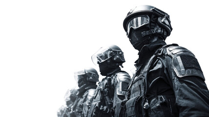 Group of armed tactical soldiers in black uniform with helmets and protective gear, special forces team military security concept on white background 