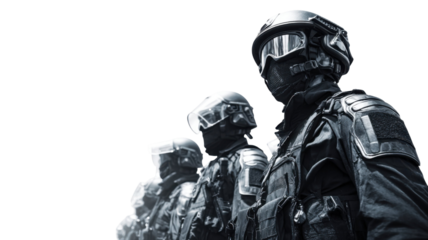 Group of armed tactical soldiers in black uniform with helmets and protective gear, special forces team military security concept on white background 