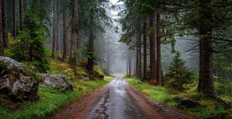 Fototapeta premium A serene forest path winds through tall evergreen trees, damp after rainfall