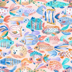 Crazy fish repeating pattern. Abstract fish background. Watercolor hand painted seamless pattern for kid textile, fabric, packaging