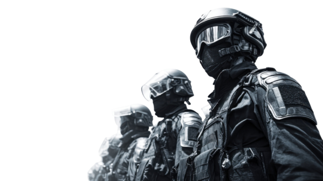 Group of armed tactical soldiers in black uniform with helmets and protective gear, special forces team military security concept on white background 