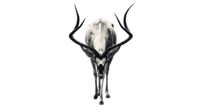 Black and white artistic photo of antelope with long curved horns, wildlife photography animal portrait isolated minimal background artistic concept on white background 