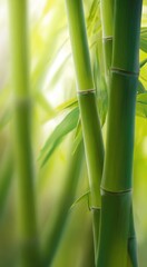 Obraz premium Bamboo sticks grow closely together, showcasing vibrant green hues and subtle brownish tones in a warm, sunlit environment. The surrounding foliage adds a serene touch.