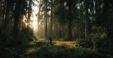 Obraz premium Sunlight streams through tall, dense trees in a lush forest, casting shadows on the forest floor