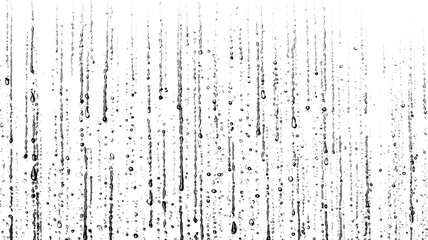 Raindrops running down clear glass window in rainy weather, water drops condensation background, storm nature pattern close up macro texture on white background 