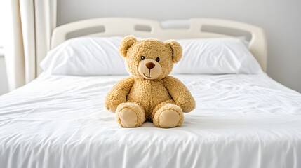 Adorable Teddy Bear Sitting on White Bed Childrens Room Comfort