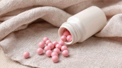 A white bottle spilling pink pills on a textured surface