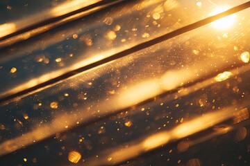Abstract golden light streaming through angled surfaces with shimmering particles and bokeh
