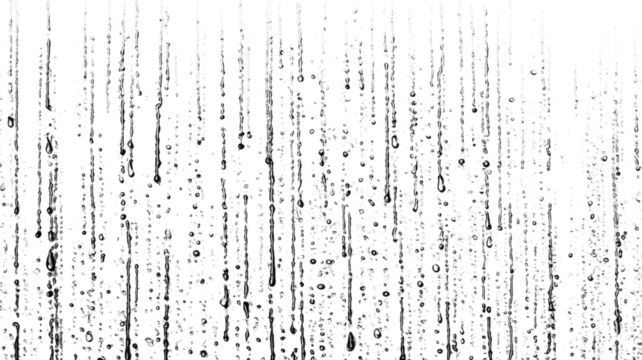 Raindrops running down clear glass window in rainy weather, water drops condensation background, storm nature pattern close up macro texture on white background 