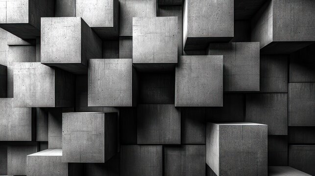 Abstract grey concrete cubes creating a 3D architectural-like design