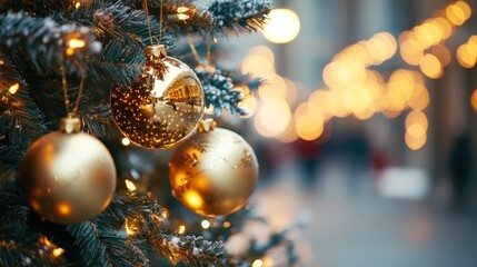 Close up of a decorated Christmas tree with golden ornaments