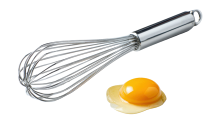 Close up stainless steel whisk with fresh cracked raw egg yolk on white background, cooking utensil for baking, kitchen preparation ingredient on white background 