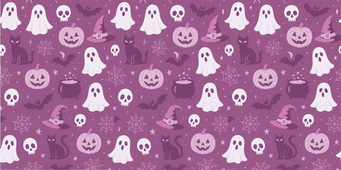 Fototapeta premium spooky season seamless pattern with ghosts, pumpkins, bats, cats, skulls, and witch hats on a purple background