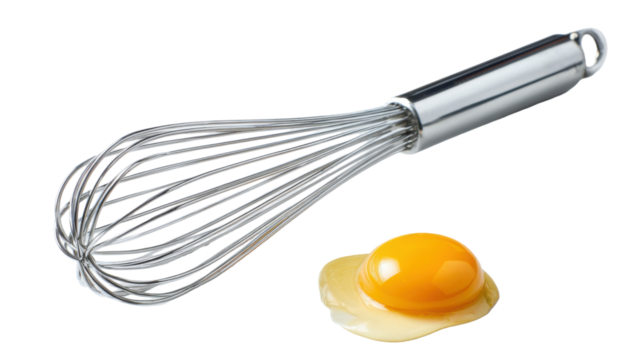 Close up stainless steel whisk with fresh cracked raw egg yolk on white background, cooking utensil for baking, kitchen preparation ingredient on white background 