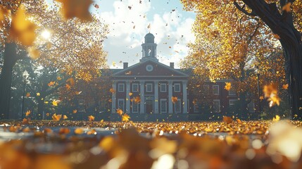 Autumn campus with falling leaves and historic building under a sunny sky