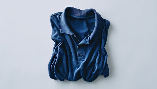 A crumpled dark blue polo shirt lies flat on a light gray background