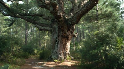 Majestic old-growth tree dominates a lush green forest landscape, its gnarled branches reaching out under a bright sky, with sunlight filtering through the dense foliage and a path leading into the...