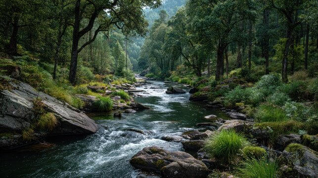 Peaceful flowing river surrounded by lush green trees rocks and vegetation in a dense forest landscape du daytime for nature and outdoor scenery