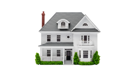 A charming white twostory house with a red brick chimney and green bushes isolated on transparent background