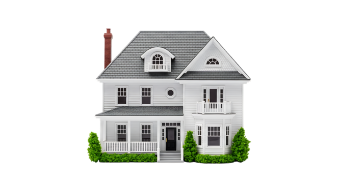 A charming white twostory house with a red brick chimney and green bushes isolated on transparent background