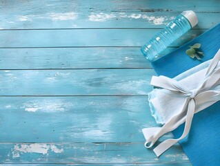 Yoga mat, bottle of water and towel on blue wooden planks background