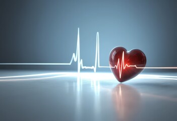 Human heart with heartbeat graph on dark background.