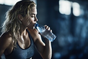 A woman drinks water in a dim gym, her determined expression reflecting exhaustion and focus. The image captures resilience, fitness, and recovery.