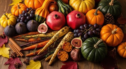 pumpkins, figs, carrots, pomegranate on a brown wooden background. Harvest, Thanksgiving day