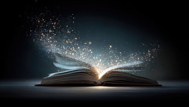 An opened book with glowing light and sparkles emanating from its pages on a dark background